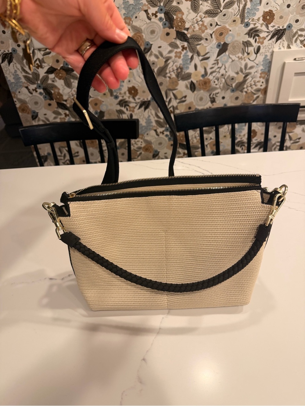 Rothy's daily crossbody  Cream Woven Shoulder Bag with Black Strap - Picture 2 of 6
